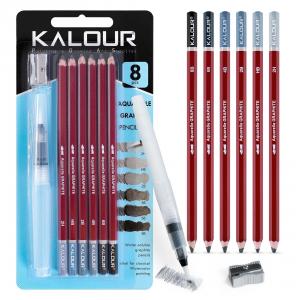 KALOUR 8 бр. водоразтворими графитни моливи(2Н до 8В)+ четка и острилка,  в блистер 